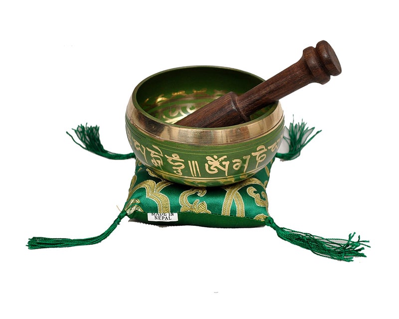 Dharma Store Tibetan Singing Bowl Set By Dharma Store - With Traditional Design Tibetan Buddhist Prayer Flag - Handmade in Nepal (Green) - Image 3